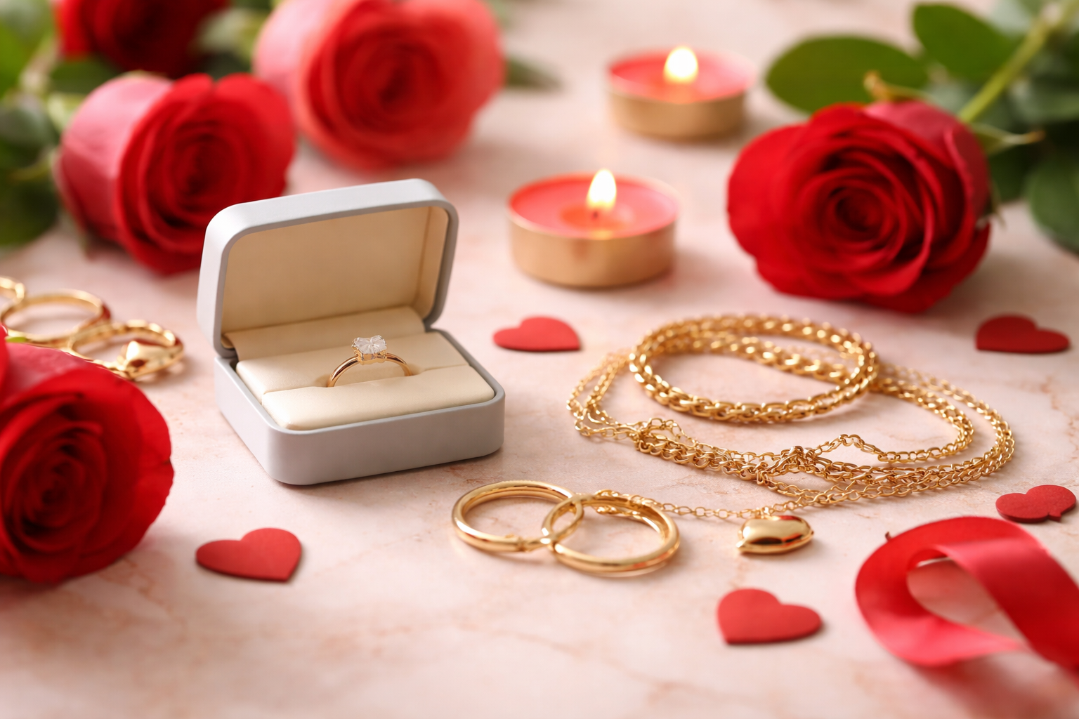 Bijoux en or présentés pour la Saint Valentin à Cognac avec bague et collier en or