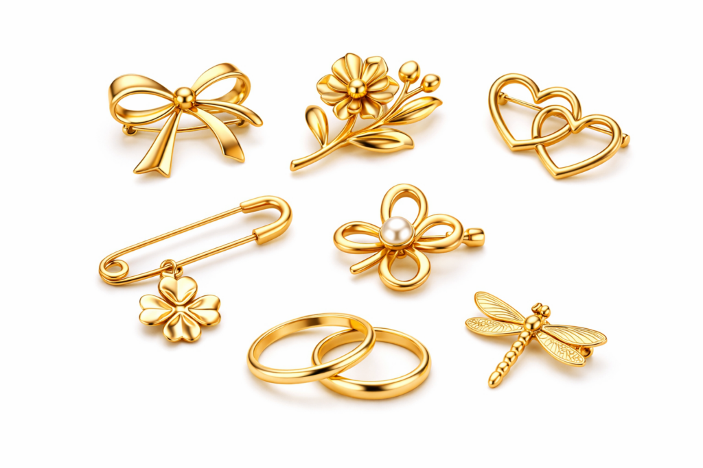 Collection de broches en or avec motifs variés comme fleur, noeud et libellule pour estimation bijoux